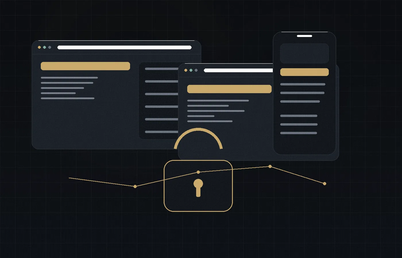 Abstract private preview interface with dark panels and subtle access elements.